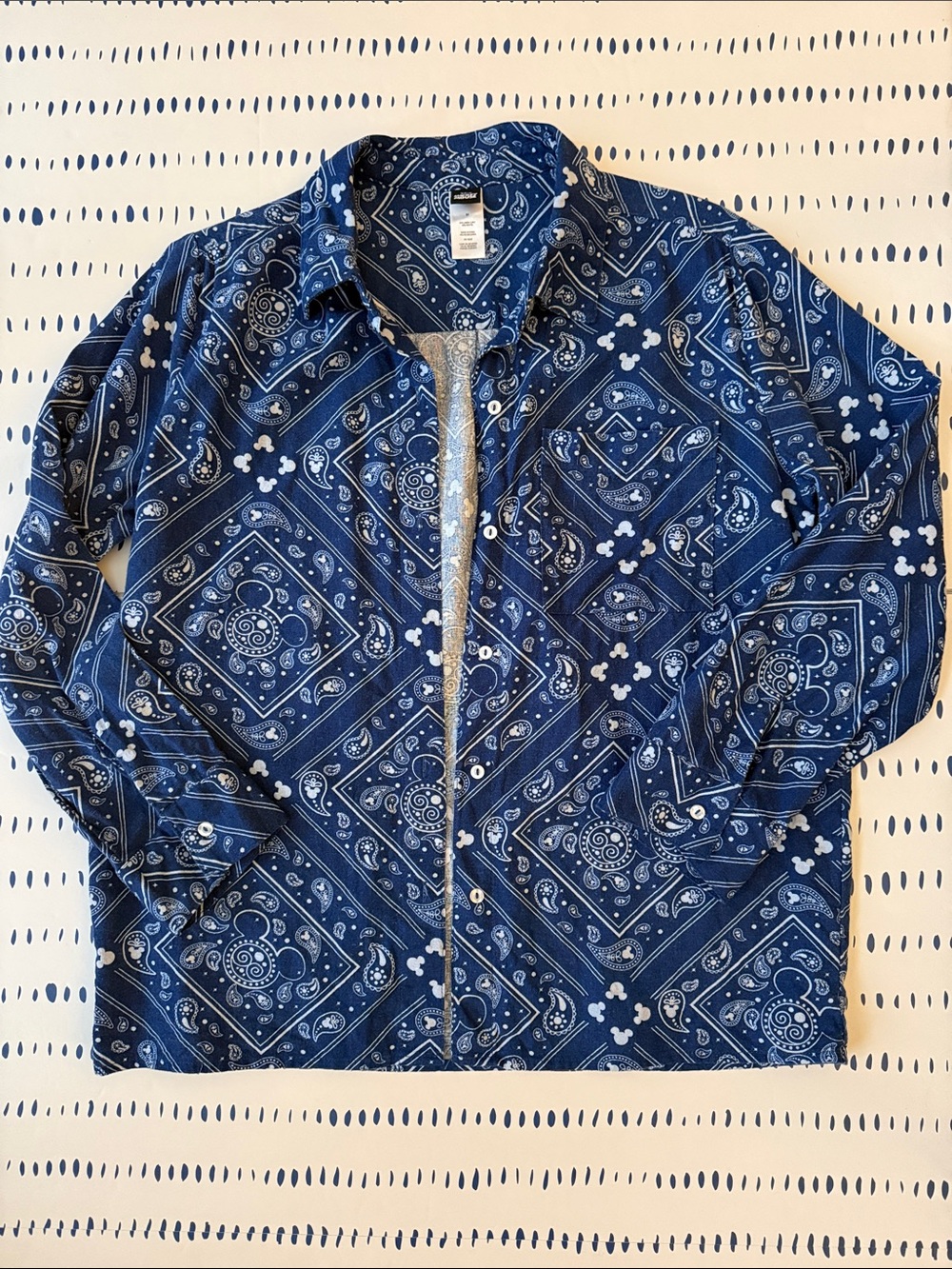 Disney Mickey Mouse Blue Paisley Print Linen Button-Down Shirt